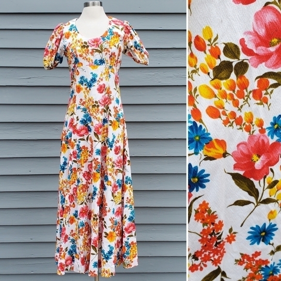 Vintage 70s Handmade Cottagecore Boho Prairie Floral Feminine Maxi Dress Small - Picture 1 of 5